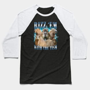 Rizz Em With The Tism Retro Funny Capybara Meme Baseball T-Shirt